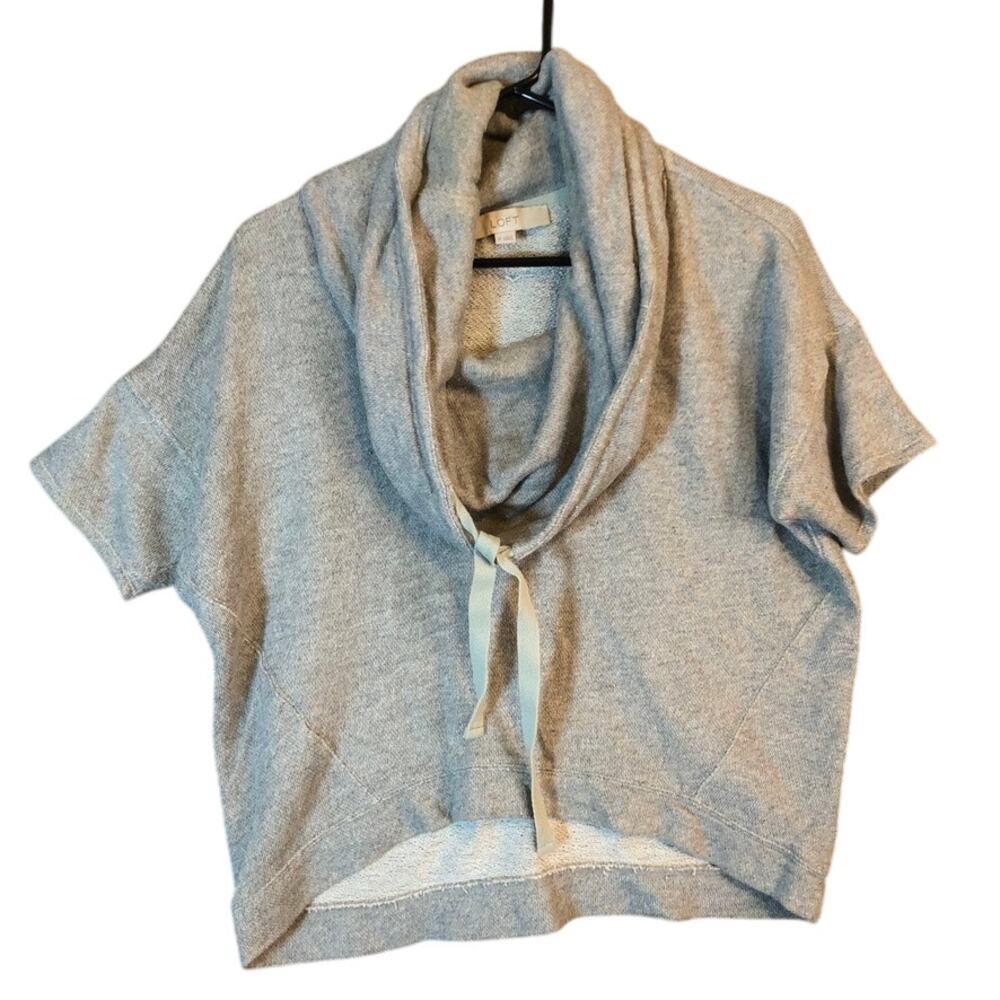 Ann Taylor LOFT Womens Sweatshirt Gray Cowl Neck Short Sleeve Cropped XS